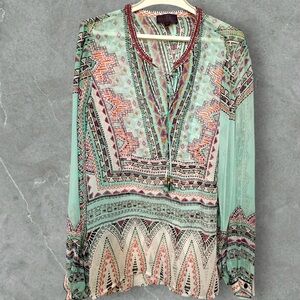 Hale Bob 100% Silk Semi-Sheer Tribal Print Long Sleeve Blouse M